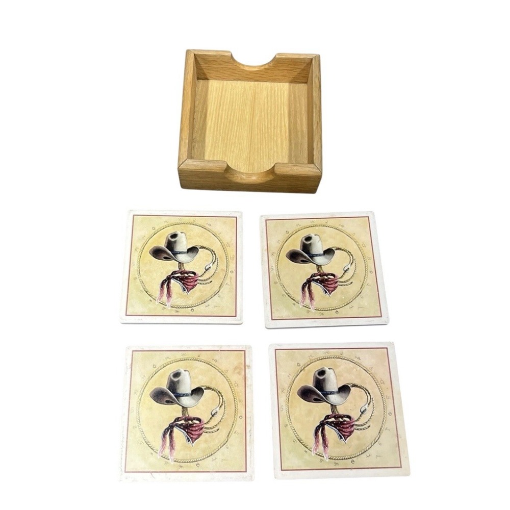 Vintage 90's Cowboy 4 Absorbent Coaster Set Western Style Hat Rope Cowboy Holder